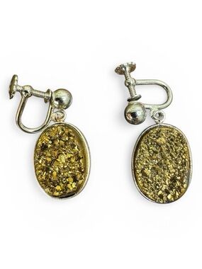 Gold Druzy Oval Screw-Back Earrings Sterling Silver Vintage - Women’s Jewelry